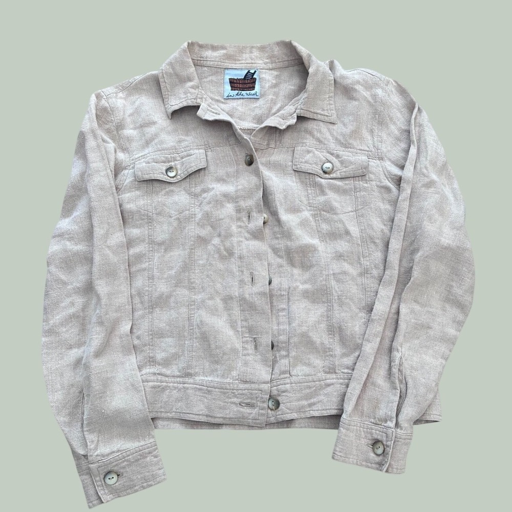 In The Wash Linen Blend Trucker Jacket Beige Button Front Utility Coat Womens